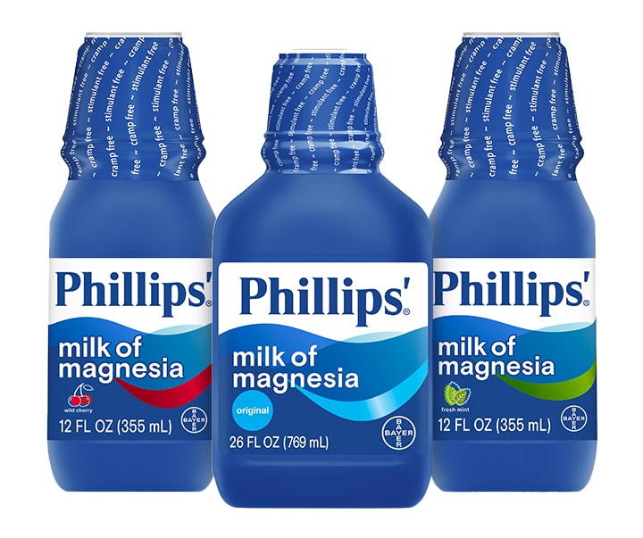 Phillips' Milk of Magnesia cherry, mint, and original flavored product bottles