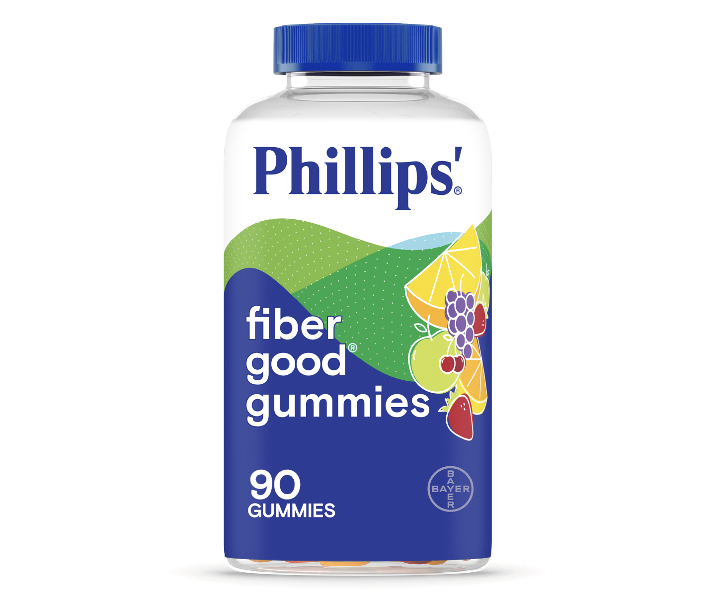 A bottle of Phillips'® fiber good® gummies featuring different fruit illustrations, and the bottle contains 90 gummies.